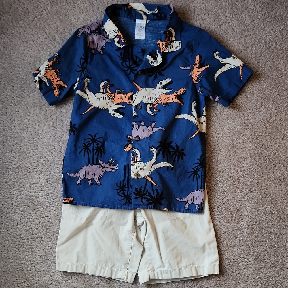 Dinosaur Print Blue Shirt and Tan Shorts Set